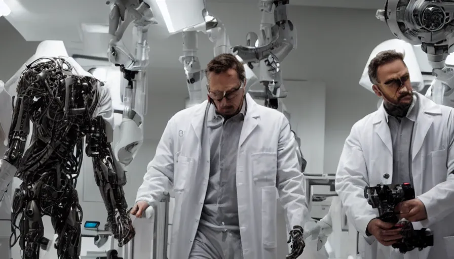 Image similar to big budget action movie about scientists building a cyborg.