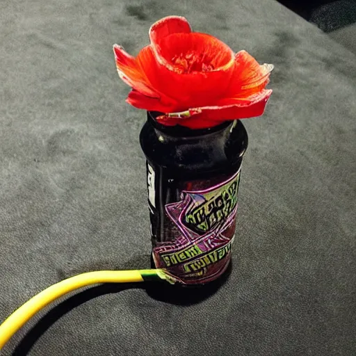 Prompt: “photo of a single wilted flower growing out of a Monster energy drink can with holes oozing black liquid with server cables and cat-5 cables everywhere surrounding it”