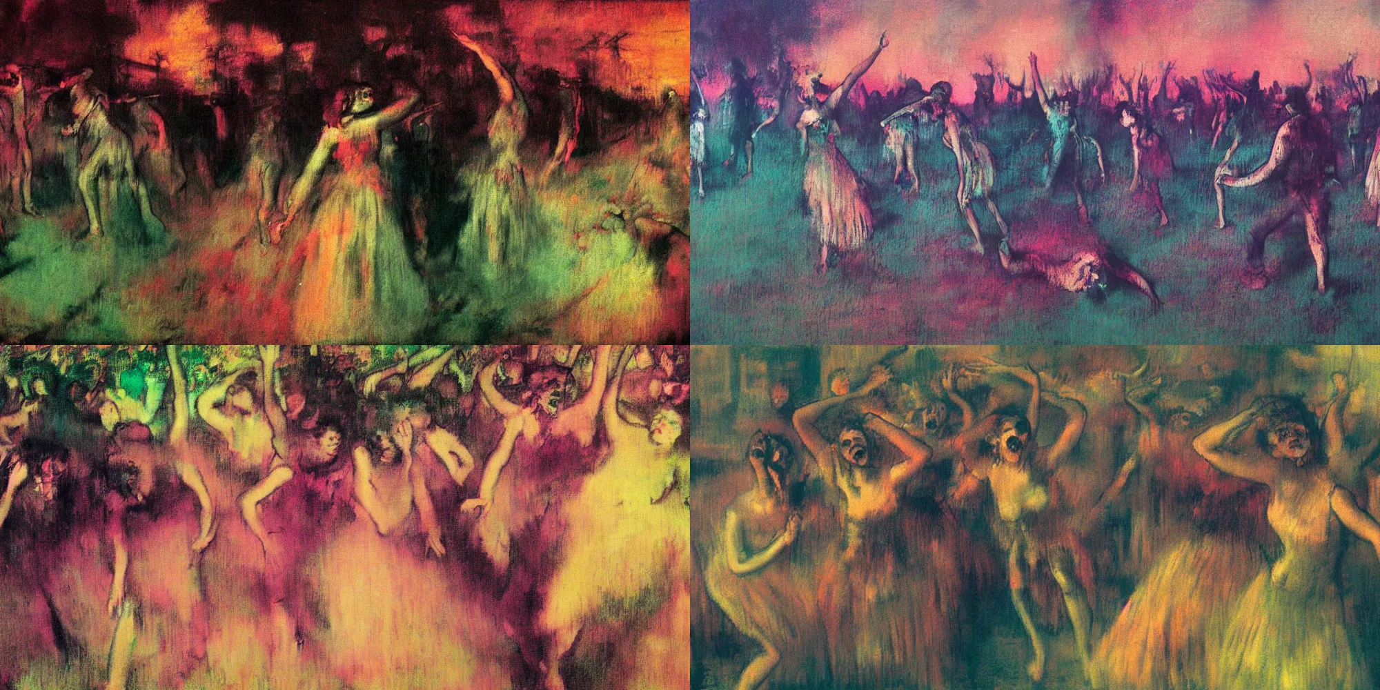 Prompt: A synthwave zombie apocalypse painted by Edgar Degas