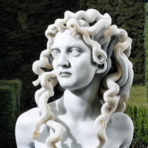 Image similar to medusa sculpture hyperrealistic style made by michelangelo, made with carrara marble