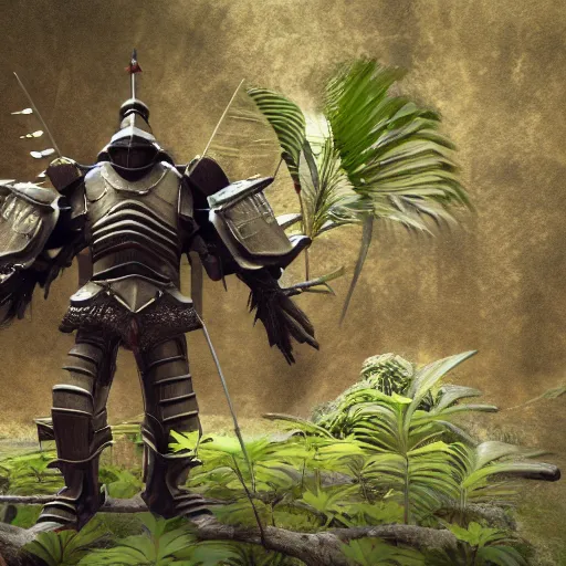 Image similar to a heavily armored samurai, in the jungle, realistic octane render, high detail