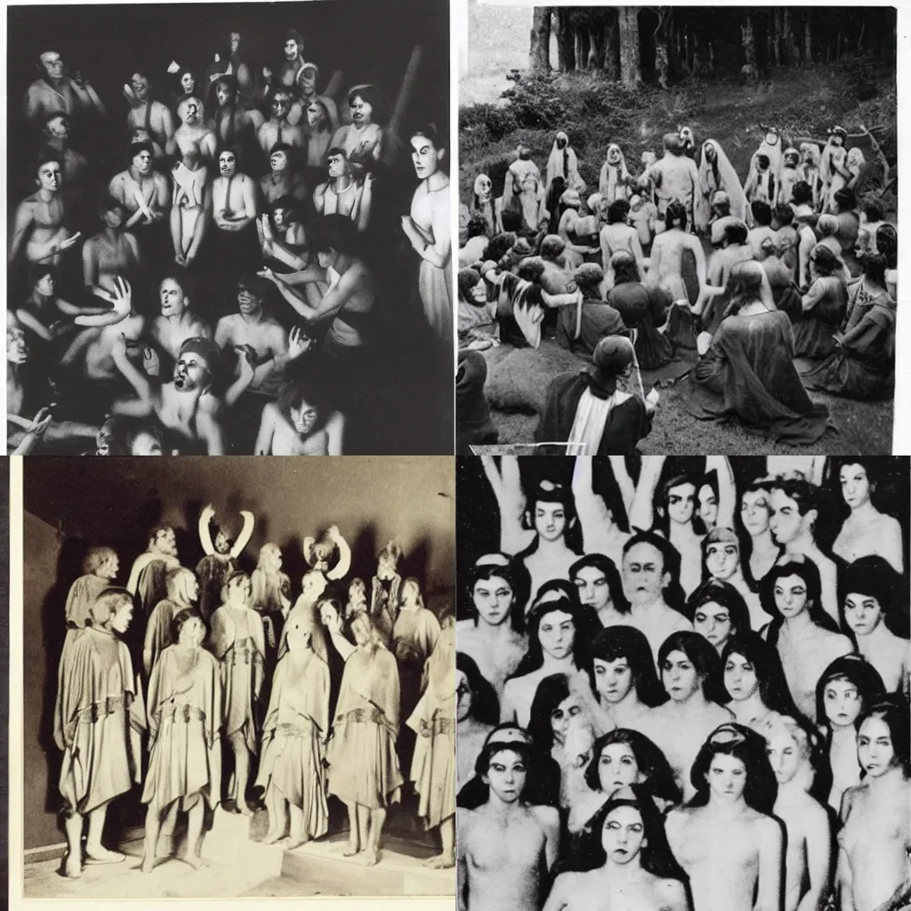 Prompt: Vintage photographs of ancient cult meeting with demons