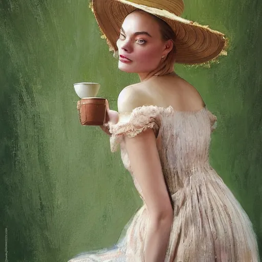 Image similar to happy very thick paint brush strokes paint texture full body fashion model margot robbie by Jeremy Lipking by Hasui Kawase by Richard Schmid (((smokey eyes makeup eye shadow fantasy, glow, shimmer as victorian woman in a long white frilly lace dress and a large white hat having tea in a sunroom filled with flowers, roses and lush fern flowers ,intricate, night, highly detailed, dramatic lighting))) , high quality