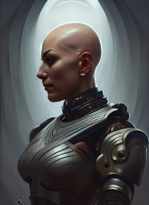 Image similar to Symmetry!! portrait of a bald woman, warrior in sci-fi armour, tech wear, muscular!! sci-fi, intricate, elegant, highly detailed, digital painting, artstation, concept art, smooth, sharp focus, illustration, art by artgerm and greg rutkowski and alphonse mucha