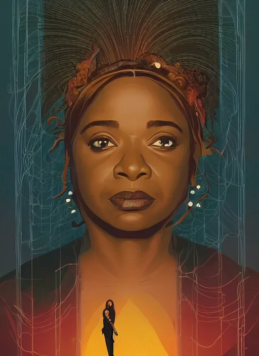 Image similar to poster artwork by Michael Whelan and Tomer Hanuka, Karol Bak of Octavia Spencer has a voice in her head, reality is a labyrinth, psychological thriller from scene from Twin Peaks, clean, simple illustration, nostalgic, domestic, full of details