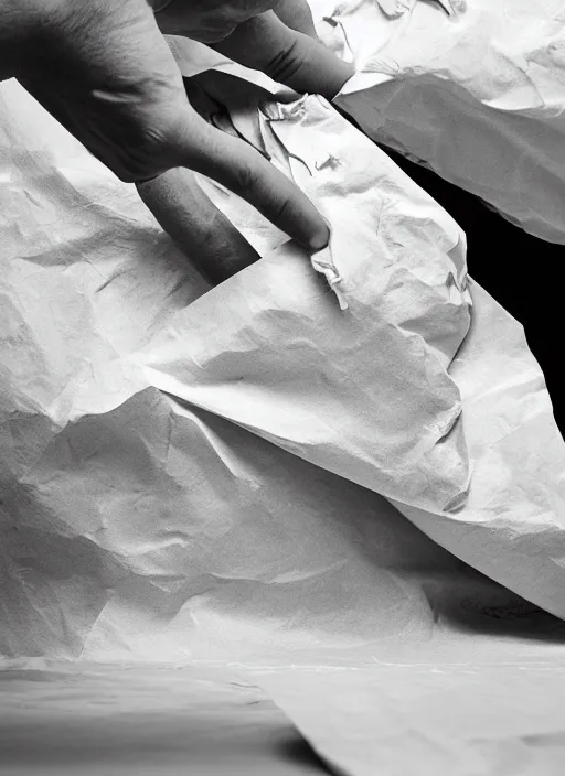 Prompt: a hyper realistic ultra realistic photograph of a man transforming into crumpled paper, top secret, highly detailed, 8k photo