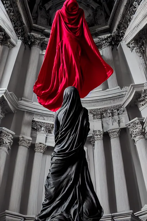 Image similar to the unknown maiden partially covered by a red silk wrapped veil, statue made with embossed polished black marble, sculpted by hedi xandt and bernini, epic and cinematic view, volummetric light, intricate, detailed, 8 k