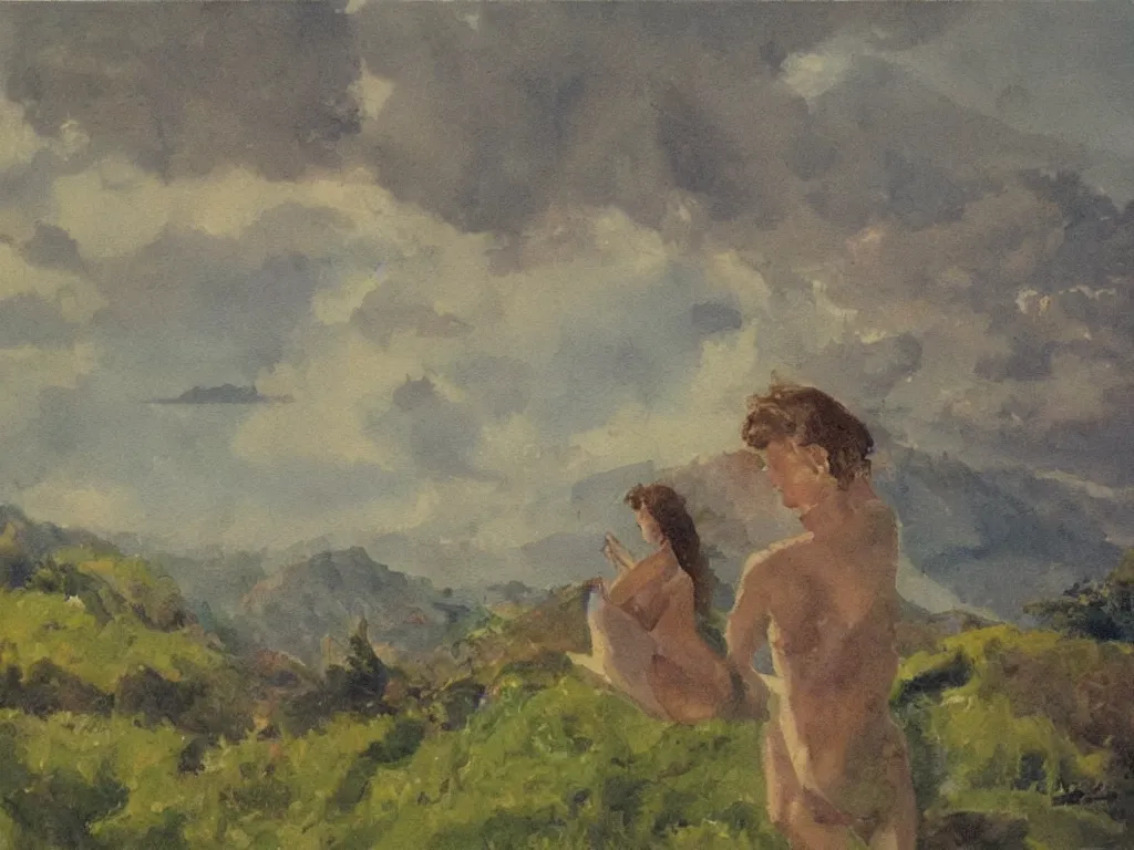 Image similar to figure with scenery. painting by rudolf hausner