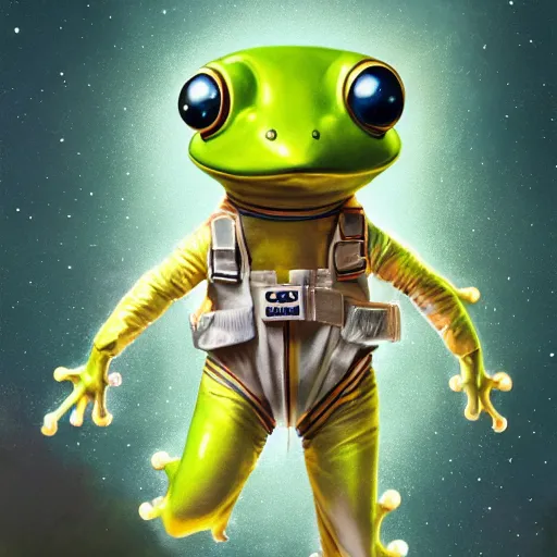 Prompt: soulful long shot of a cute baby frog astronaut wearing an astronaut suit and astronaut helmet, by esao andrews, by m. w. kaluta, ultra humorous illustration, small depth of field, perspective perception, volumetric light, psychedelic colors, 3 d octane render, 8 k, conceptart, hyperdetailed, hyperrealistic, trending on artstation