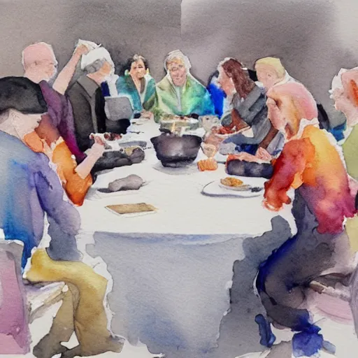 Prompt: 1 2 diamonds sitting on a table surrounded by people, watercolor painting