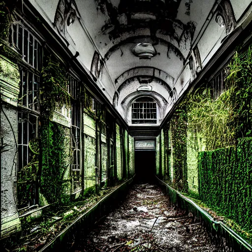Prompt: an isometric view of an empty dark abandoned old asylum, overgrown with ivy, faded, cinematic, old photo, hyper - realism