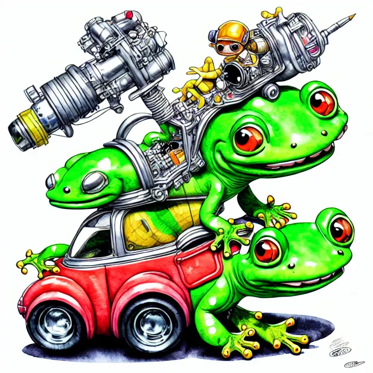 Image similar to cute and funny, gecko wearing a helmet riding in a hot rod with oversized engine, ratfink style by ed roth, centered award winning watercolor pen illustration, isometric illustration by chihiro iwasaki, edited by range murata, tiny details by artgerm and watercolor girl, symmetrically isometrically centered, sharply focused