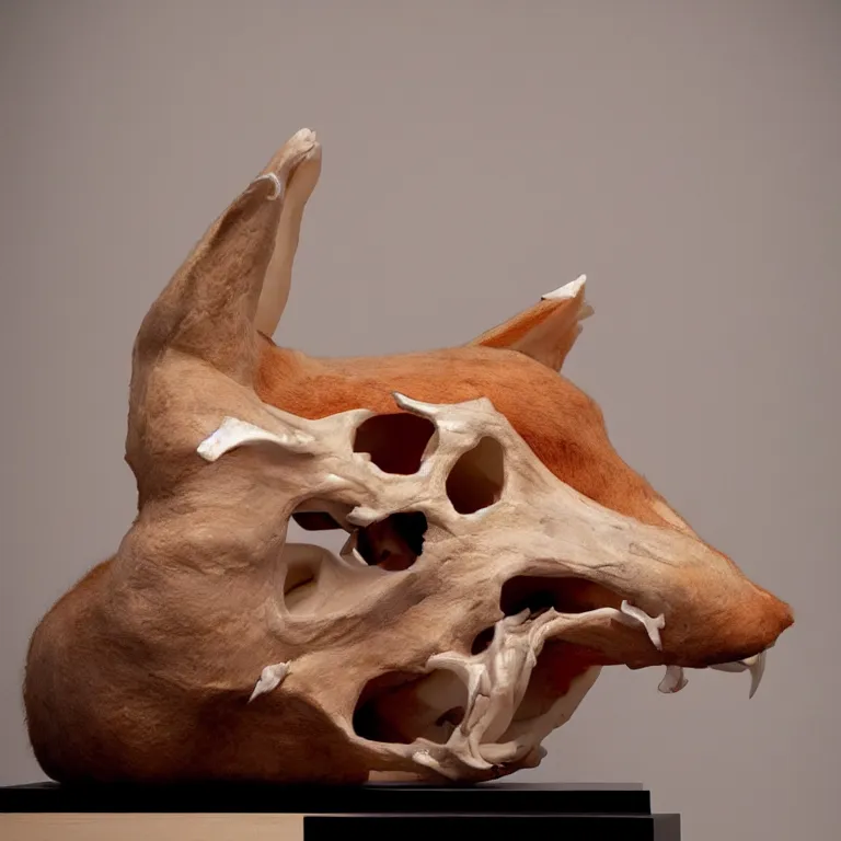 Prompt: hyperrealistic sculpture of a giant fox skull on a pedestal by ron mueck and duane hanson and damien hirst, hyperrealistic dramatic colored lighting trending on artstation 8 k