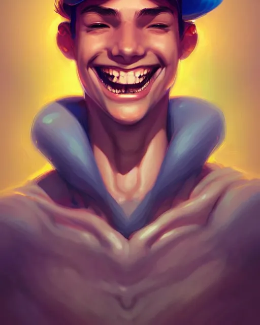 Image similar to digital art, fantasy portrait of a boy with a large smile, by James Jean and by artgerm, by ross tran , ultradetailed, charachter design, concept art, trending on artstation,