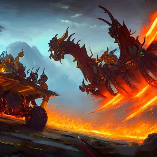 Prompt: a fiery catapult war cart, catapult, yellow battlefield theme, bright art masterpiece artstation. 8 k, sharp high quality artwork in style of jose daniel cabrera pena and greg rutkowski, concept art by tooth wu, blizzard warcraft artwork, hearthstone card game artwork, cart wheels