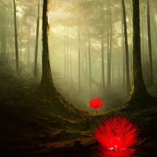 Image similar to A highly detailed oil painting of a blood red, crystal flower glowing bright red in the middle of a dark forest, by Greg Rutkowski.