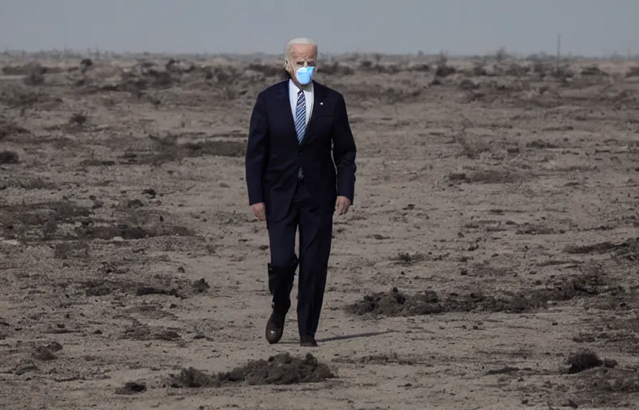 Image similar to a color photo of joe biden walking in a wasteland