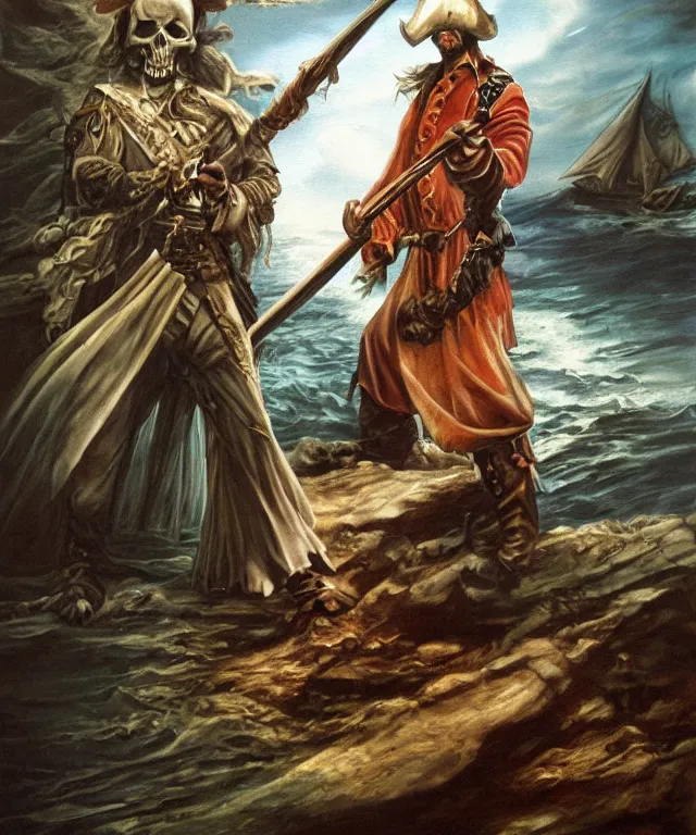 Image similar to ultra realistic color portrait painting of a tranparent 1 7 th century pirate ghost with a sword in a grotto, dark, painted, brooding, atmospheric, seascape, horror, smooth, epic, highly detailed, cinematic, by larry elmore