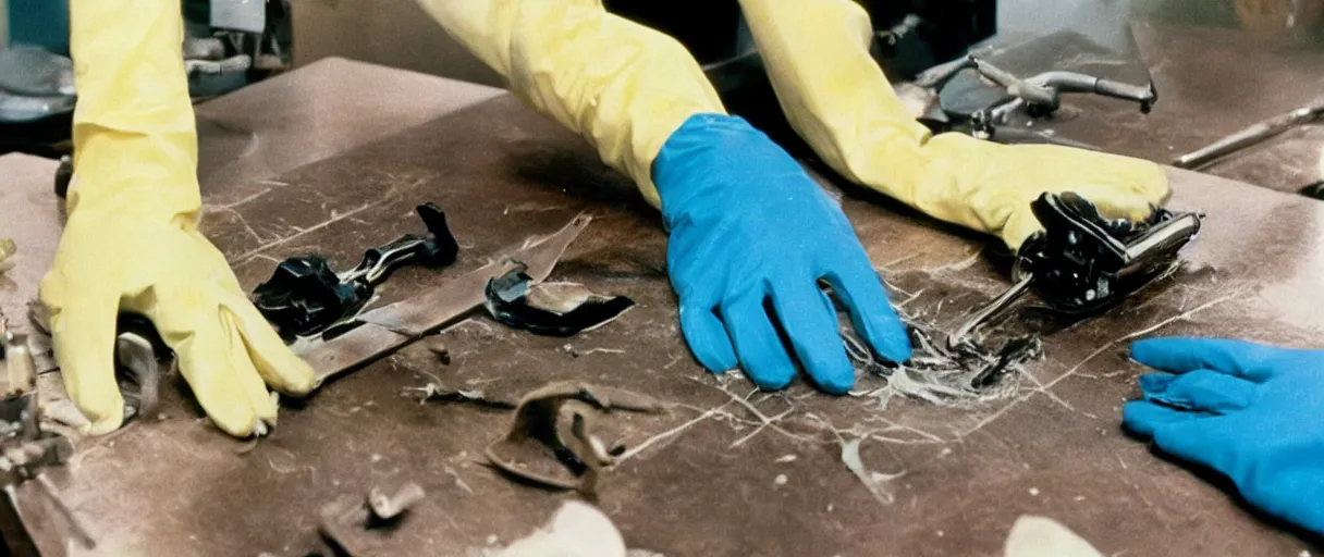 Image similar to a high quality color extreme closeup hd 4 k film 3 5 mm photograph of hand wearing rubber gloves wiping cobwebs off of a piece of equipment in 1 9 8 2