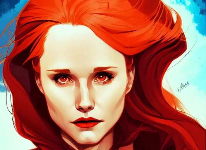 Image similar to style artgerm, joshua middleton, beautiful kristen bell with dark red dress, very long orange hair, symmetrical face, symmetrical eyes, fire powers fire swirling, detailed, volcano setting, cinematic lighting