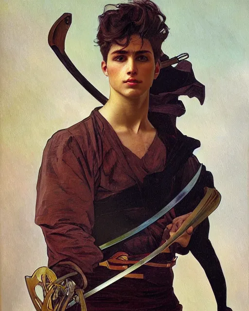 Image similar to Hyper realistic painting of a lean built young man in his twenties holding a rapier, sharp face, handsome, dark hair, fantasy art, by Alphonse Mucha, rich deep moody colors