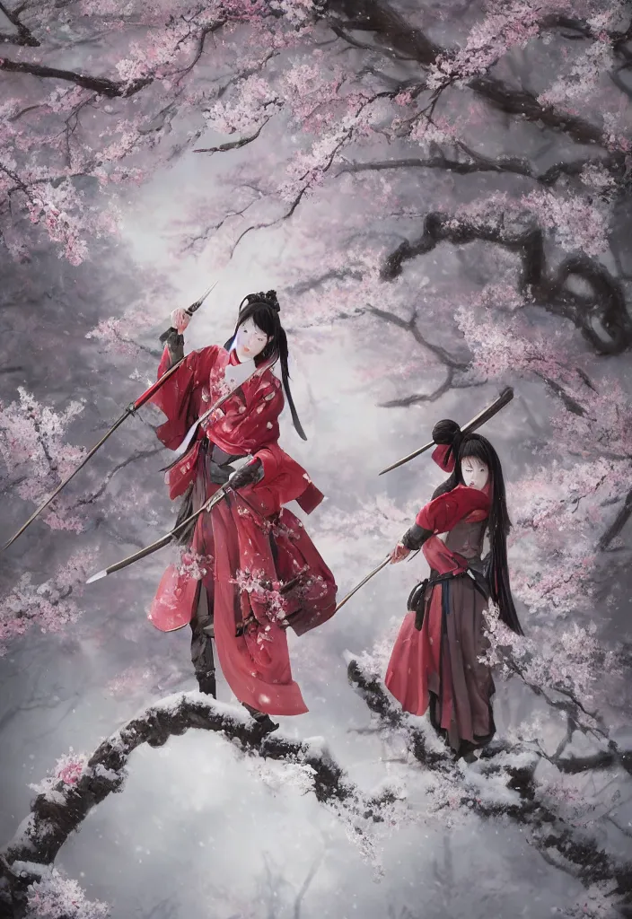 Image similar to detailed matte painting of girl samurai in hakama with swords and rifles, in snow forest sakura cherry blossom, taisho roman, by wlop and krenz kushart, elite, elegant, luxury, perfect face, fine details