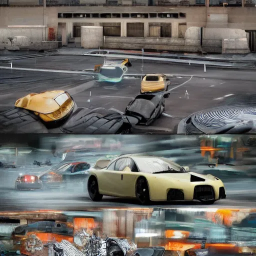 Image similar to several cars: center composition, cars portraits, ground view, motherboard forms designed by zaha hadid, sci-fi futuristic ultra realistic photography, keyshot render, octane render, unreal engine 5 lumen, high oiled liquid glossy specularity reflections, ultra detailed, golden hour, dramatic lighting 4k, 8k, 16k in the style ofblade runner 2049 Cyberpunk 2077 ghost in the shell thor 2 marvel film : tilt shift: sharp focus