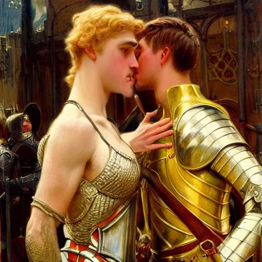 Image similar to attractive fully clothed arthur pendragon confesses his love for his attractive fully clothed male knight. highly detailed painting by gaston bussiere and j. c. leyendecker 8 k