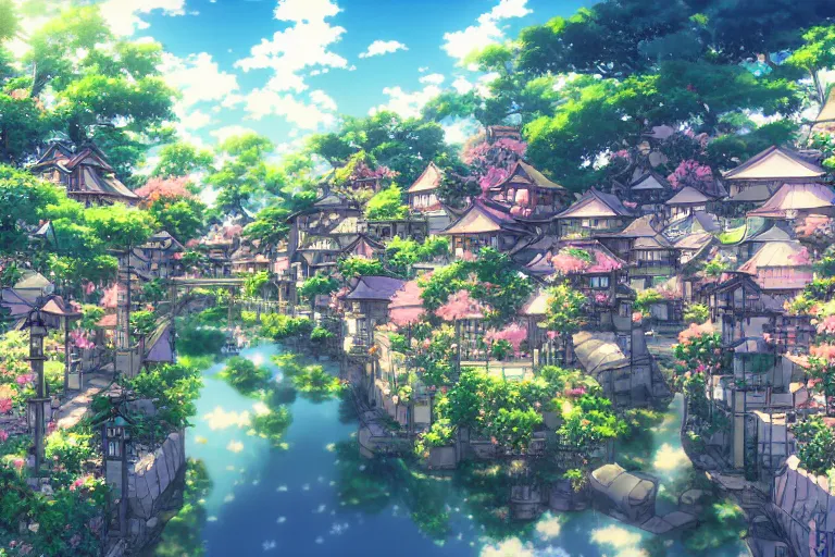 Prompt: peaceful anime village,, beautiful, artstation trending, deviantart, highly detailed, focus, smooth, by hirohiko araki, yoshitaka amano