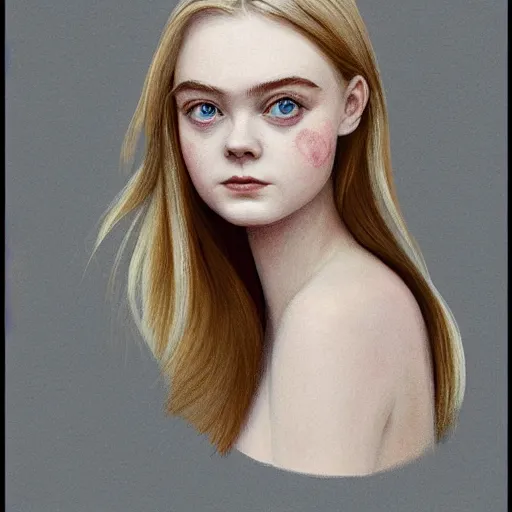 Prompt: professional painting of Elle Fanning in the style of Vanessa Beecroft, head and shoulders portrait, symmetrical facial features, smooth, sharp focus, illustration, intricate, stormy weather, extremely detailed masterpiece,