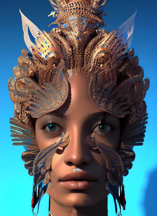 Image similar to 3 d goddess close - up profile portrait. beautiful intricate highly detailed mexican bird helm and traditional mexican huipil. stingray, magpie, bio luminescent, plasma, lava, ice, water, wind, creature, artwork by tooth wu and wlop and beeple and greg rutkowski, octane 3 d render