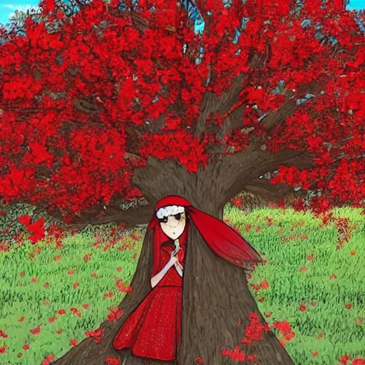 Prompt: a girl with a bridal veil covering her face. a tree of red flowers. folk. pastoral. gothic. vibrant. manga