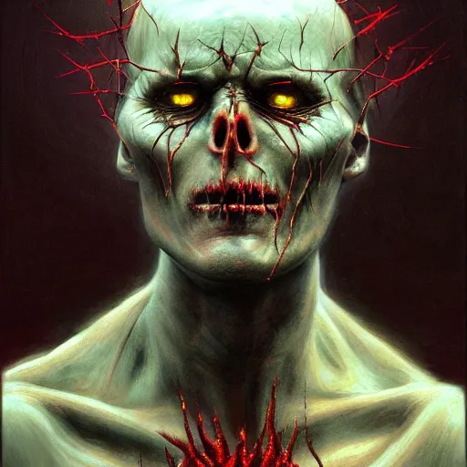 Image similar to portrait of demonic Tom Cruise with red glowing eyes in hood and crown of thorns, dark fantasy, Warhammer, artstation painted by Zdislav Beksinski and Wayne Barlowe