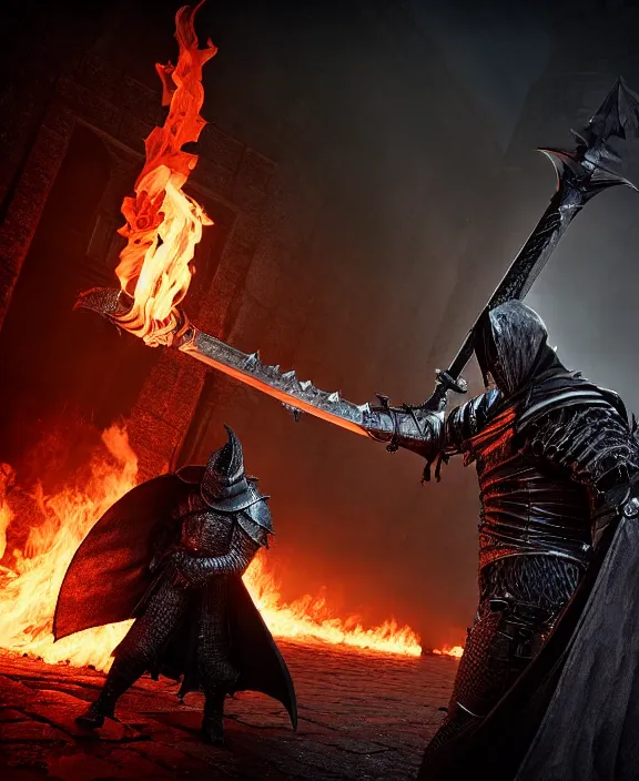 Image similar to anatomically correct dark souls knight with long sword on fire, dark night, castle on the background, wet surface, unreal engine 5, lumen technology, incredible detalization, film still, by alberto mielgo