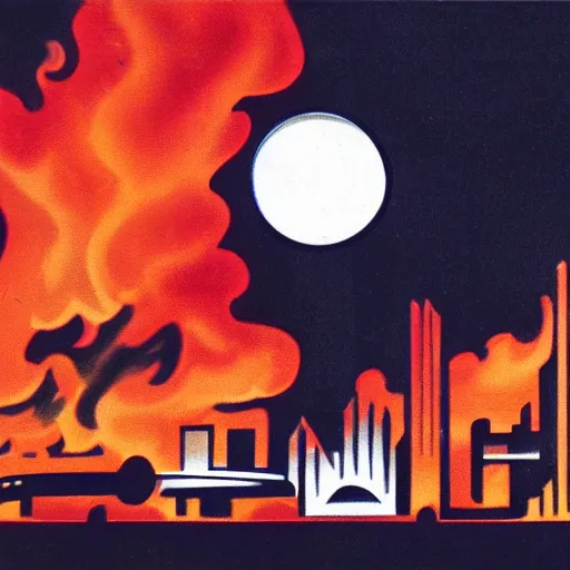 Prompt: logo 1 9 5 0 s futuristic glass city on fire, burning, dark, silhouette, symmetrical, washed out color, centered, art deco, 1 9 5 0's futuristic, glowing highlights