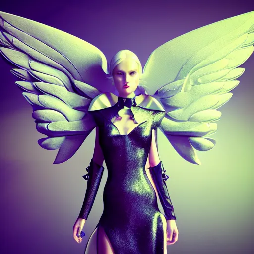 Image similar to fantasy angel with wings inspired avant - garde art, deco fashion, highly detailed, photorealistic portrait, bright studio setting, studio lighting, crisp quality and light reflections, unreal engine 5 quality render