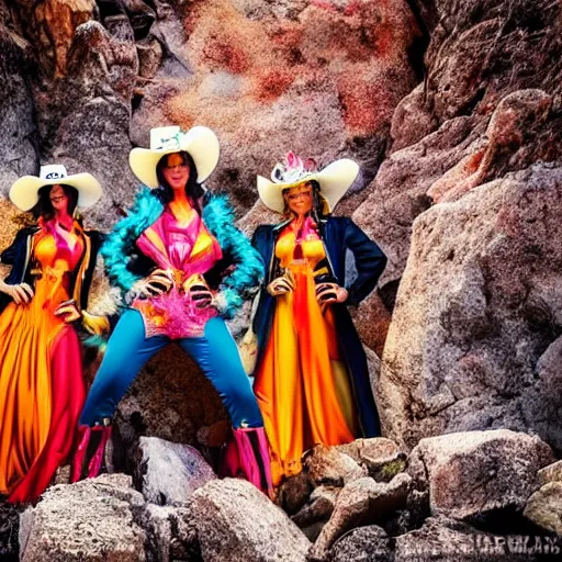 Image similar to photo, an ironic maximalist gaudy photoshoot featuring overly bright contrasting color bold print insane costumes inside a rocky western landscape, atmospheric lighting and haze, backlit, moody