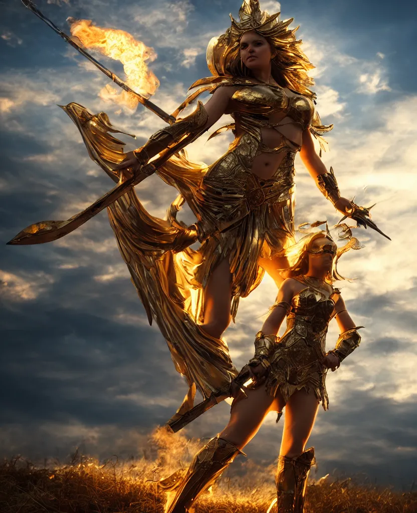 Image similar to Full-body shot of a fiercely beautiful woman in angelic battle armor, wielding a flaming sword, among the clouds, golden hour photography, cinematic, epic, 4k, stylized, realism