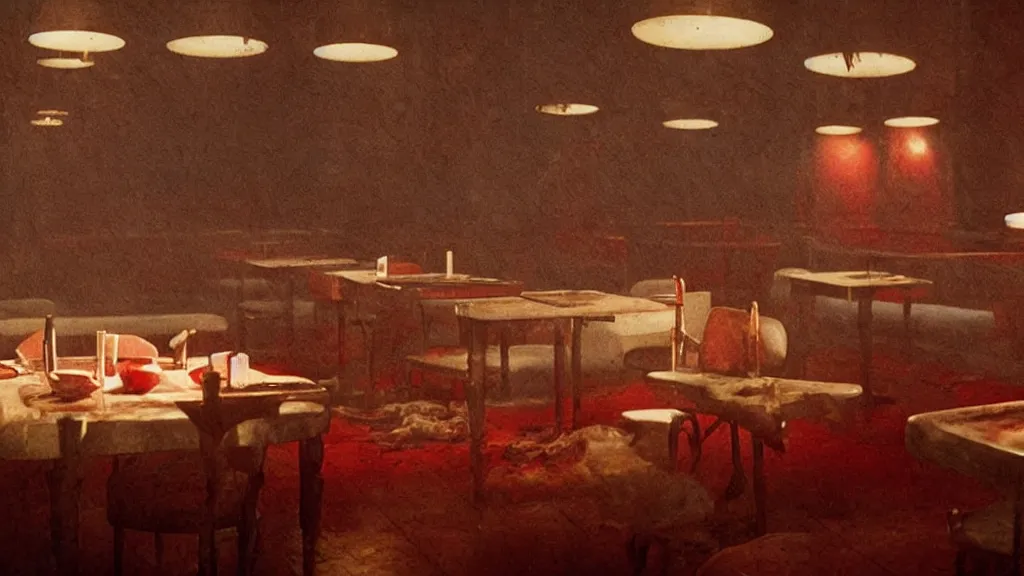 Image similar to the haunted fast food restaurant, film still from the movie directed by denis villeneuve and david cronenberg with art direction by salvador dali and zdzisław beksinski, wide lens