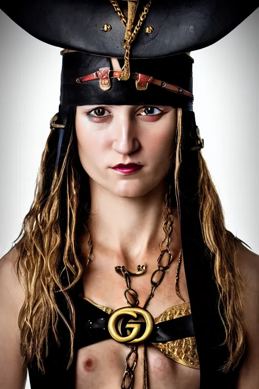 Image similar to medieval female pirate, designed by gucci, luxury materials, symmetrical, cinematic, elegant, professional studio light, real dlsr photography, sharp focus, 4 k, ultra hd, sense of awe, medieval high fashion