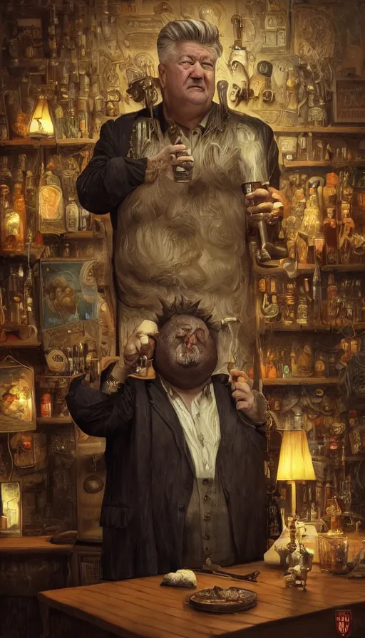 Prompt: david lynch as fat drunk tavern owner, fame of thrones, warhammer, fibonacci, sweat drops, intricate fashion clothing, insane, intricate, highly detailed, surrealistic, digital painting, artstation, concept art, smooth, sharp focus, illustration, unreal engine 5, 8 k, art by artgerm and greg rutkowski and alphonse mucha