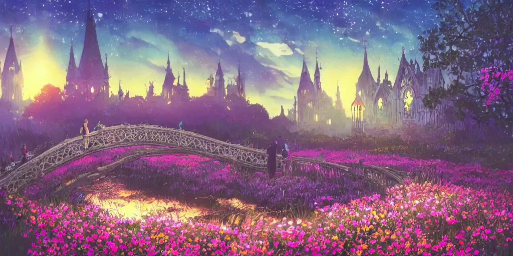 Prompt: an infinite gothic bridge above a field of glowing flowers going to the sky full of stars with collumns and stained glass and stars, magical, bright, colorful, fantastic lighting, amazing details, 4 k uhd, illustration by hayao miyazaki and makoto shinkai and ilya kuvshinov, artstation, pixiv,