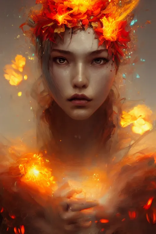 Prompt: abstract face closeup of beautiful girl covered with fire and water, 3 d render, hyper realistic detailed portrait, holding magic flowers, ruan jia, wlop. scifi, fantasy, hyper detailed, octane render, concept art, by peter mohrbacher, by wlop, by ruan jia