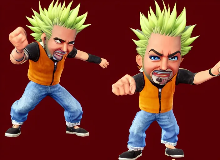 Image similar to 3 d model of guy fieri character in fighting game, stylized 3 d graphics, hdr, ultra graphics, ray tracing, 4 k image