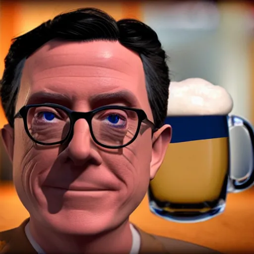 Image similar to stephen colbert face in a mug of beer, 8 k, ultra realistic details