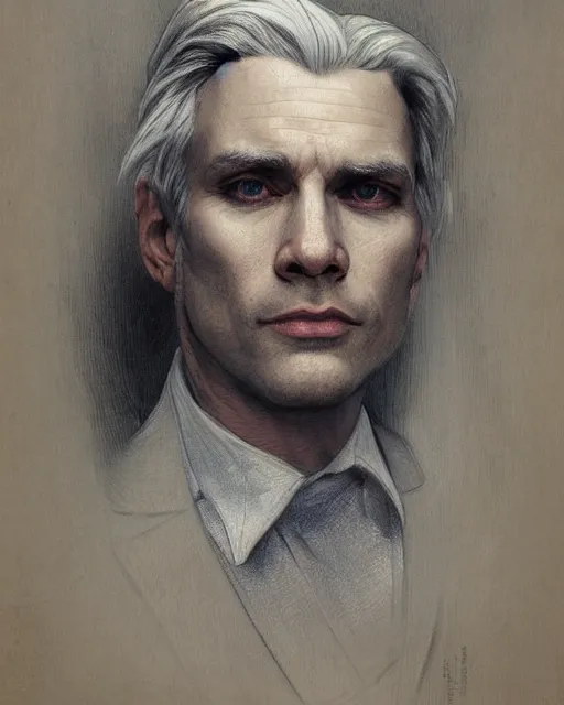 Image similar to portrait of 4 0 - year - old man with white hair with a pale complexion, pointed face and grey eyes, clear smooth face, no beard wearing black suit, hyper realistic face, beautiful eyes, close up, fantasy art, in the style of greg rutkowski, intricate, alphonse mucha, hyper detailed, smooth