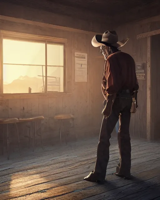 Prompt: an old cowboy walking through the door of a bustling, crowded bar of other people, wild west, sunset lighting, dusty, sunbeams. digital illustration, colors, soft lighting, adventurous, atmospheric lighting, 8K, octane render. By Makoto Shinkai, Stanley Artgerm Lau, WLOP, Rossdraws, James Jean, Andrei Riabovitchev, Marc Simonetti, krenz cushart, Sakimichan, D&D trending on ArtStation, digital art.