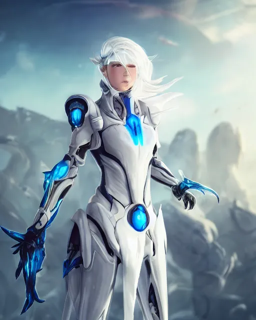 Image similar to perfect white haired girl, warframe armor, beautiful, dreamy, half asian, pretty face, blue eyes, detailed, windy weather, futuristic background, glow, scifi platform, laboratory, experiment, 4 k, ultra realistic, epic lighting, cinematic, high detail, masterpiece, akihito tsukushi