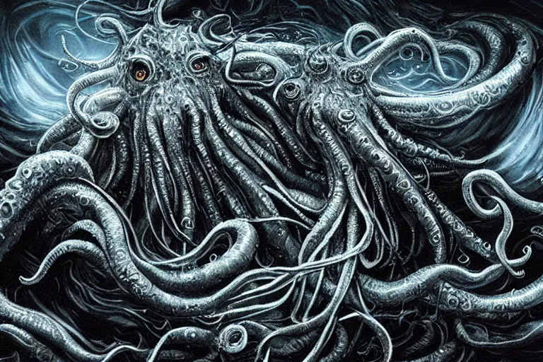 Image similar to old god eldritch horror terrifying the deep abyss of the ocean floor, epic scene, underwater photography, hyper - detailed, gigantic cthulhu, swarm of tentacles, dark art, digital art, epic composition