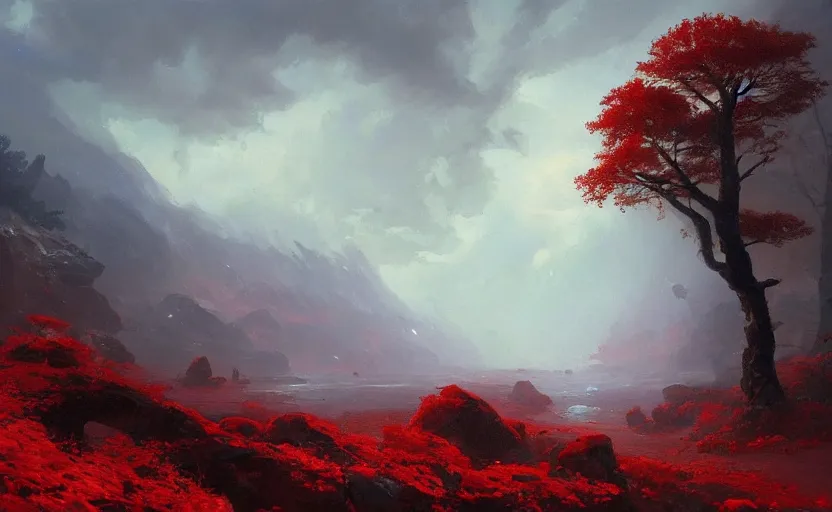 Image similar to A beautiful oil painting of a rocky valley covered in snow, trees with red leaves, thunderstorm in the sky, blue lighting, gloomy, atmospheric lighting, detailed, by greg rutkowski, trending on artstation